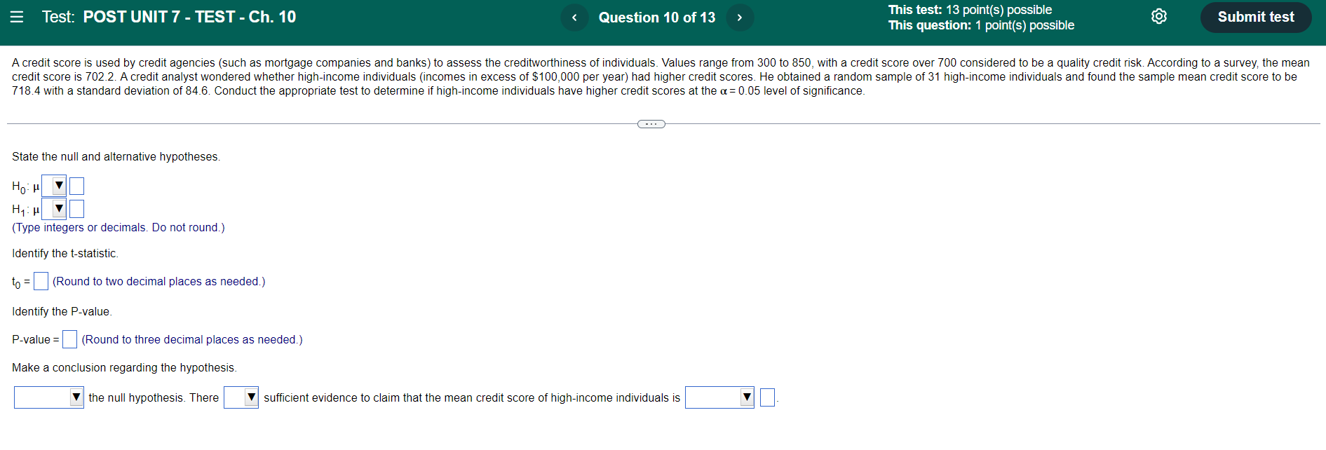  E Test: POST UNIT 7 - TEST - Ch. 10 Question