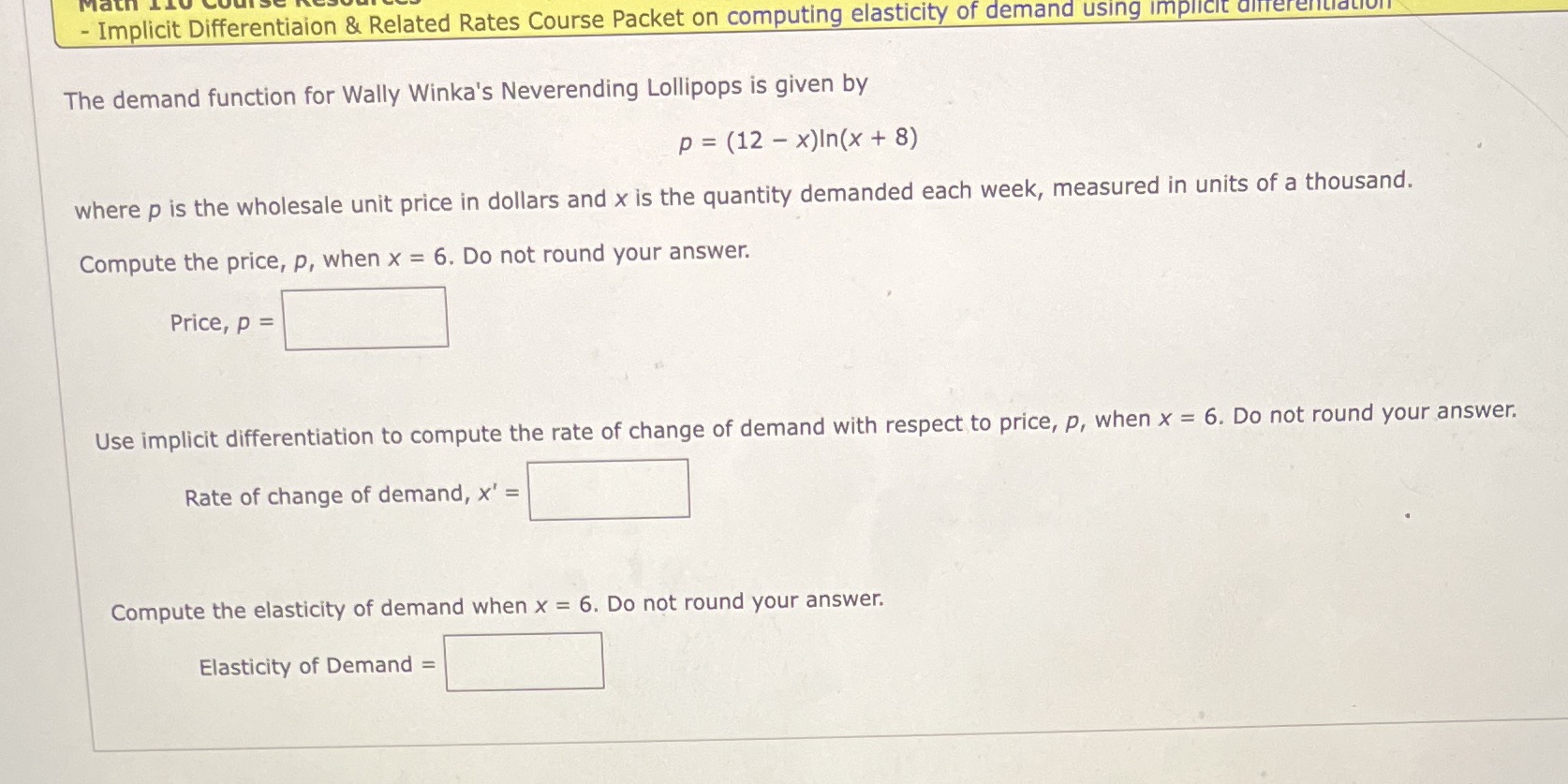 Math - Implicit Differentialon & Related Rates Course Packet on computing