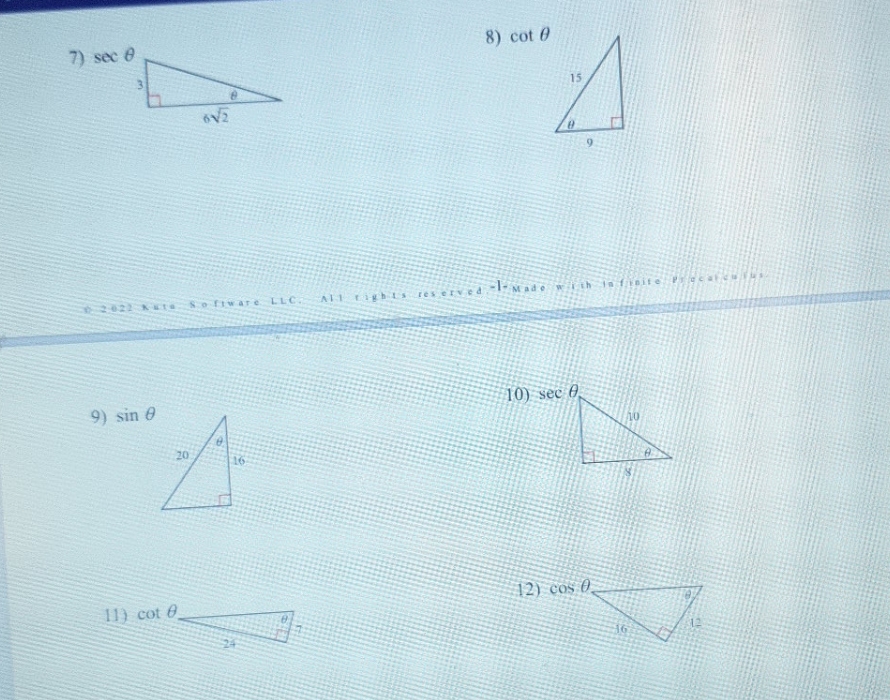 I need help 7) sec 0 8) cot 9 15 6V/2 1
