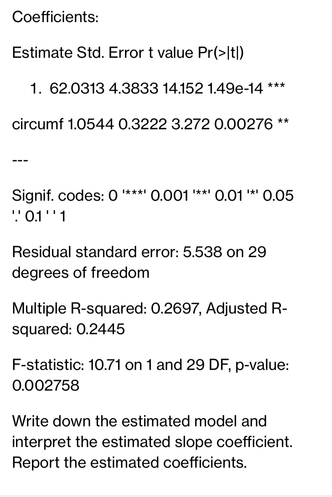 1. Report the estimated coefficients Coefficients: Estimate Std. Error t value Pr(>|t)