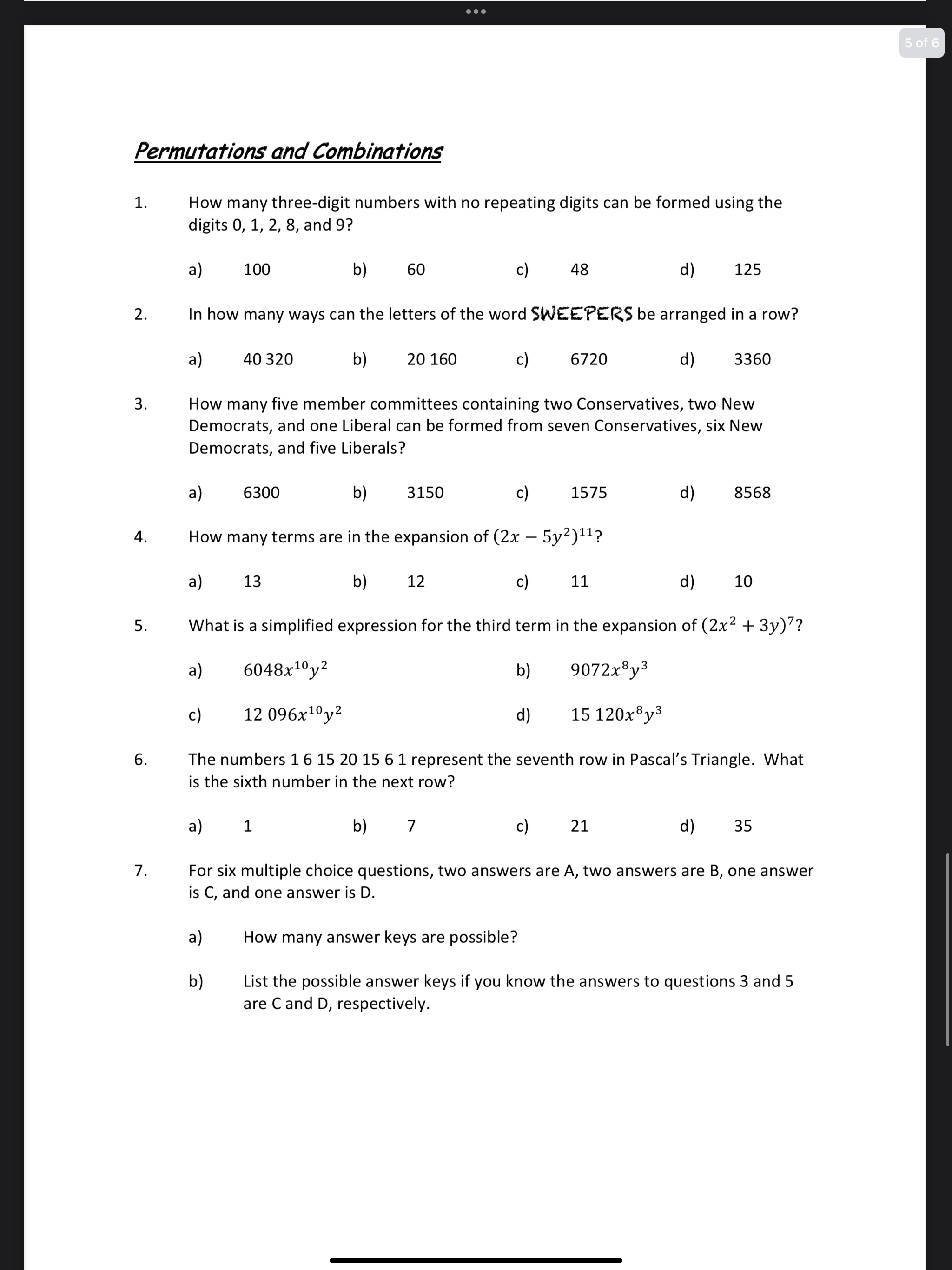 i need help asapplease show all your work Permufaons and Comborm): 1.