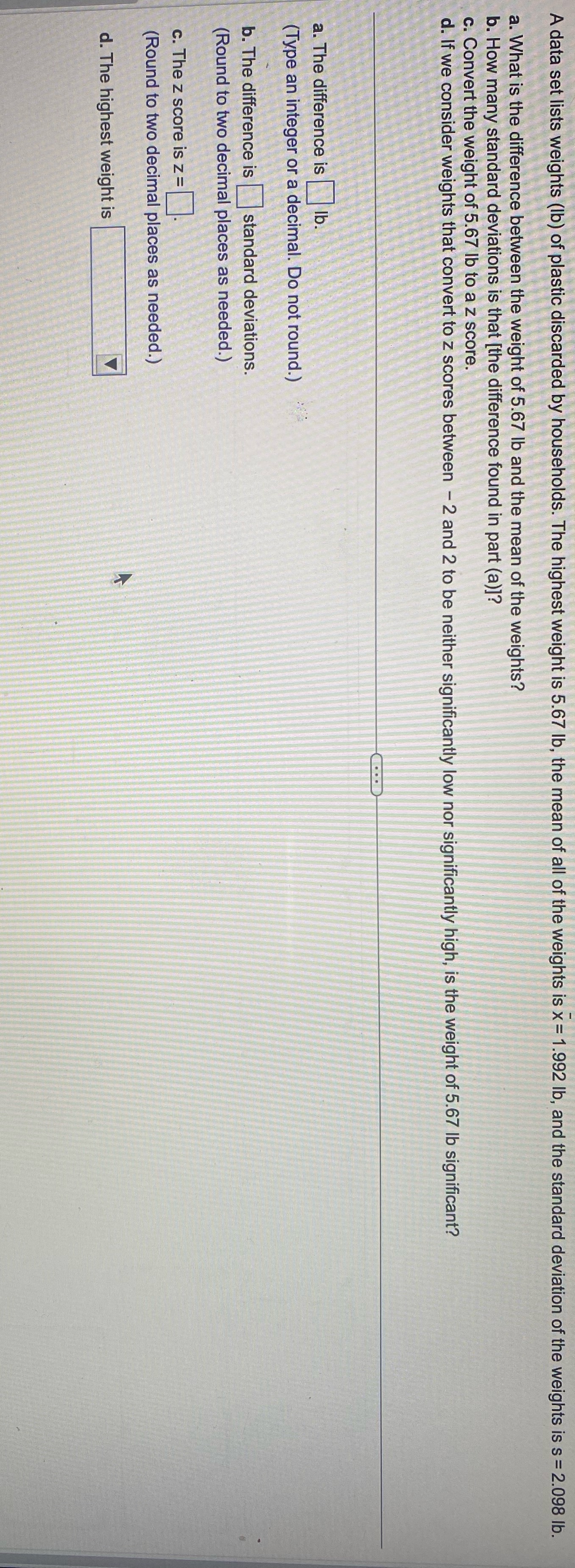 Please solve question A data set lists weights (lb) of plastic discarded