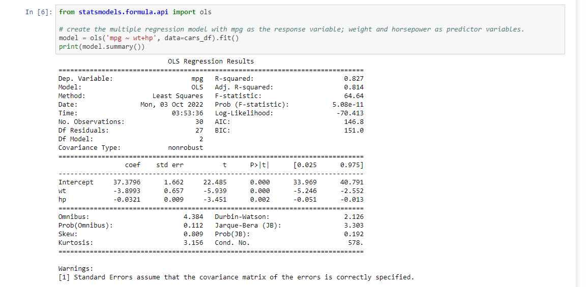 Write the multiple regression equation for miles per gallon as the response