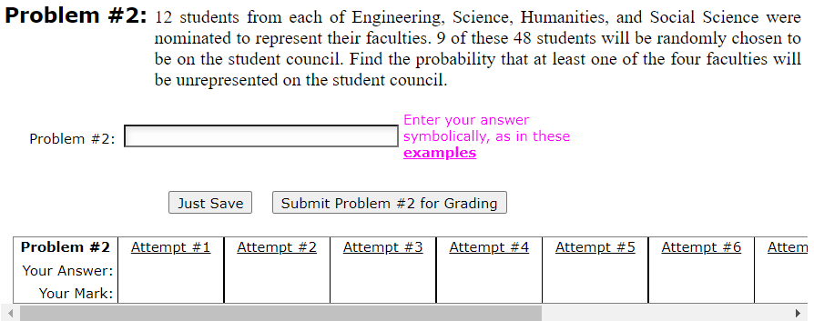 Problem #2: 12 students from each of Engineering, Science, Humanities, and