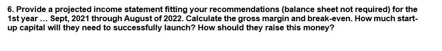  6. Provide a projected income statement fitting your recommendations (balance sheet
