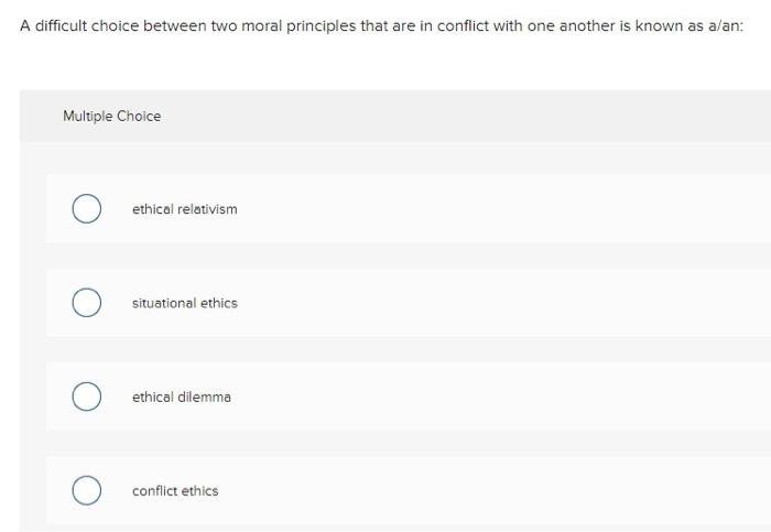  A difficult choice between two moral principles that are in conflict