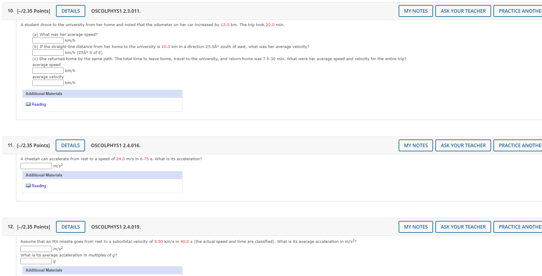  10. [-/2.35 Points] DETAILS OSCOLPHYS1 2.3.011. MY NOTES ASK YOUR TEACHER
