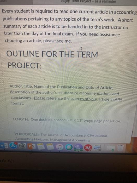 to read one current article in accounting publications pertaining to any topics