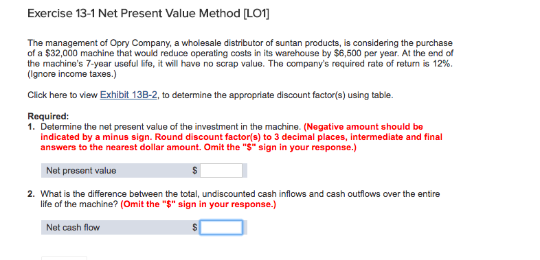 Exercise 13-1 Net Present Value Method [LO1]The management of Opry Company, a
