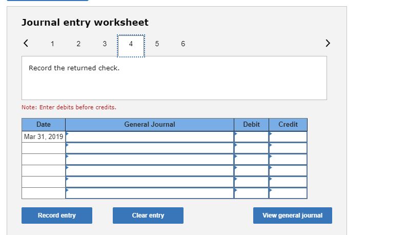 charged. Note: Enter debits before credits. Debit Mar 31, 2019 Record eny