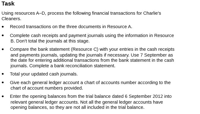 Task Using resources AD. process the following financial transactions for Charlie's