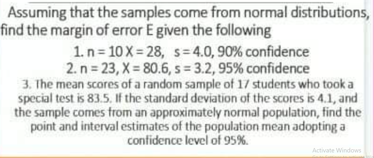 of error E given the following 1. n = 10 X =28,