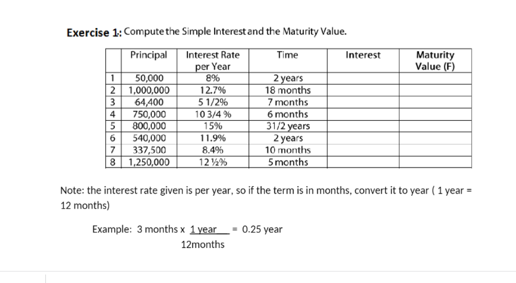Exercise 1; Compute the Simple Interest and the Maturity Value. Principal