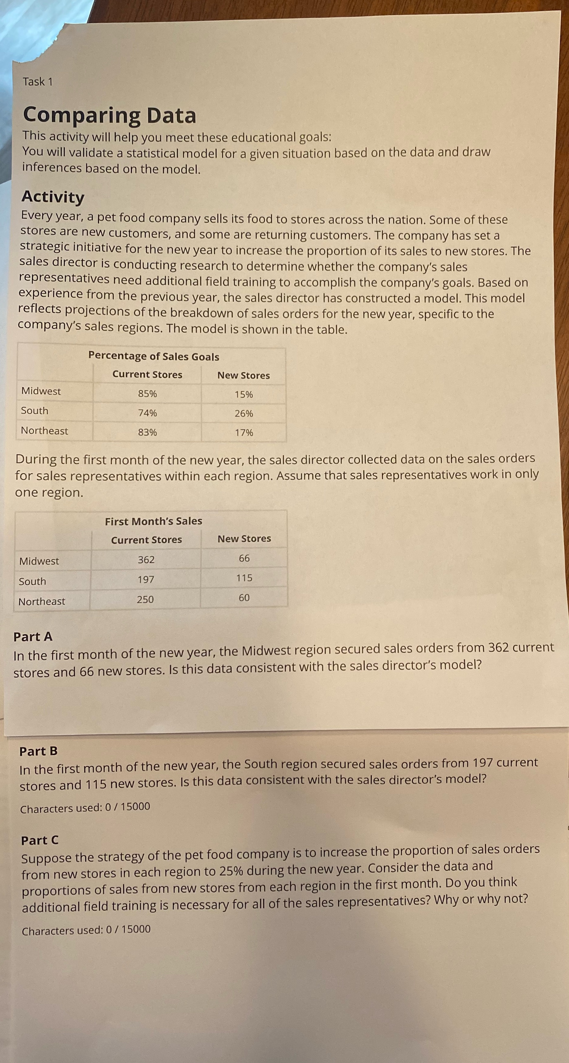  Task 1 Comparing Data This activity will help you meet these
