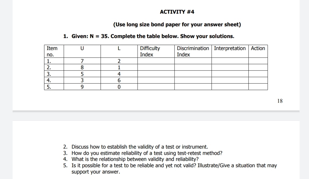  ACTIVITY #4 (Use long size bond paper for your answer sheet)