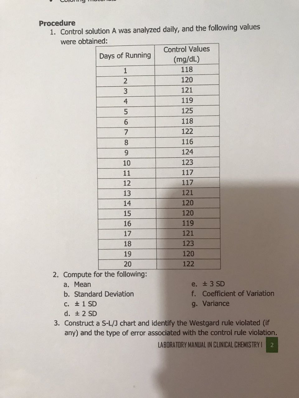 values were obtained: Control Values Days of Running (mg/dL) 118 120 121