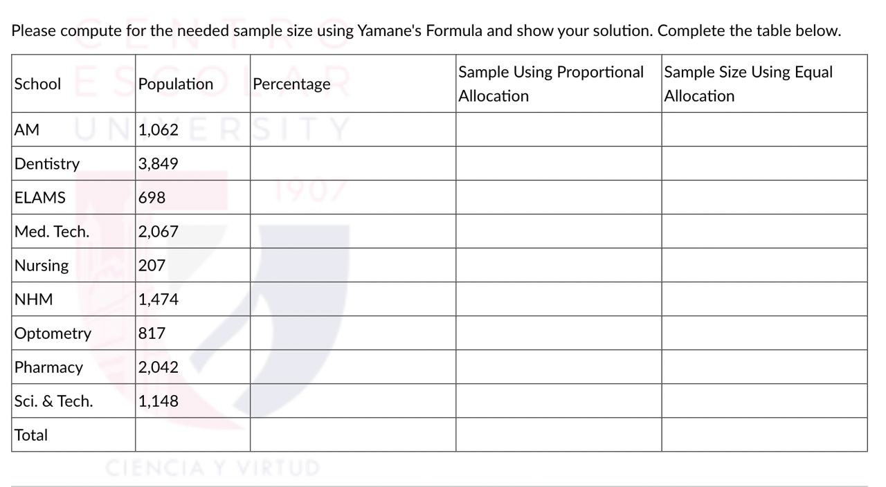 show your solution. Complete the table below. School Population Percentage Sample Using