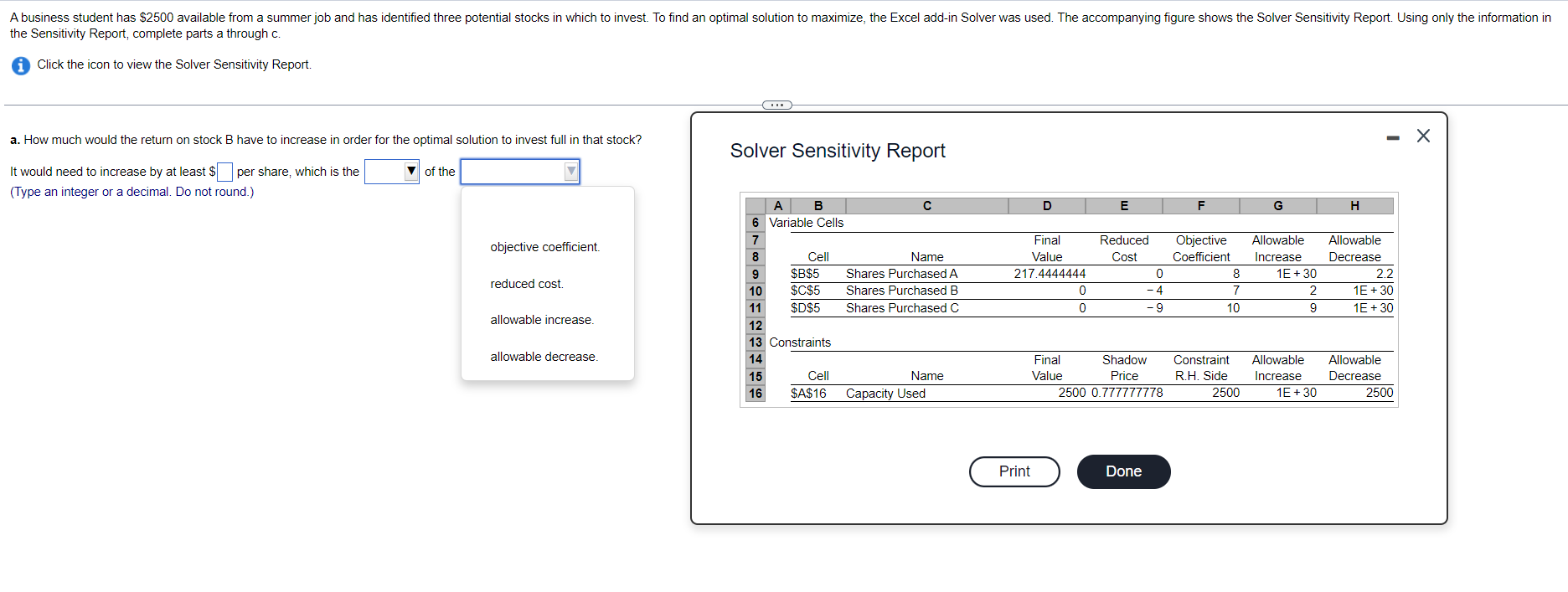 increase in order for the optimal solution to invest full in that