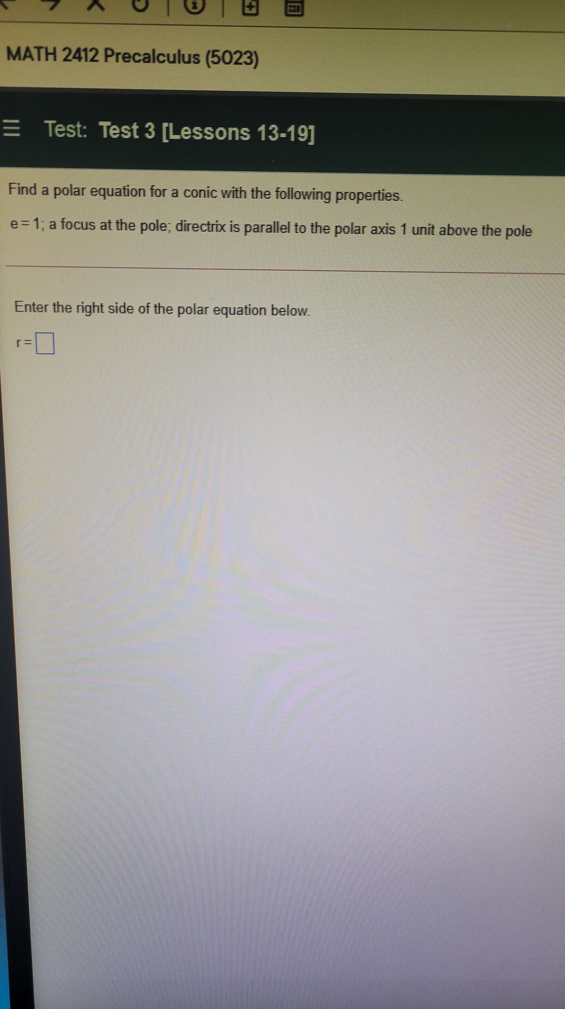 a polar equation for a conic with the following properties. e =