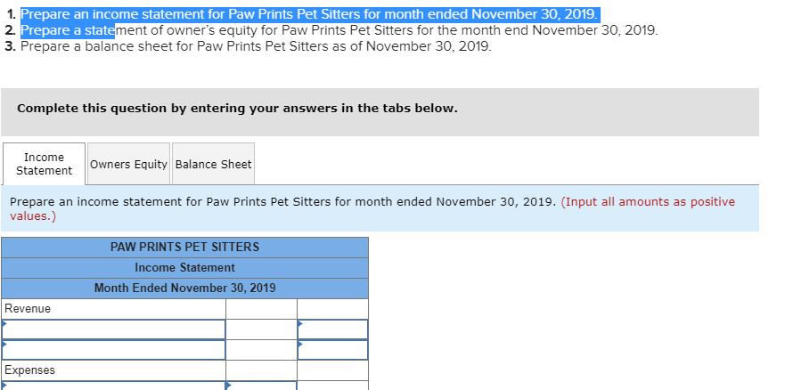 The accounts and balances for Paw Prints Pet Sitters on November 1