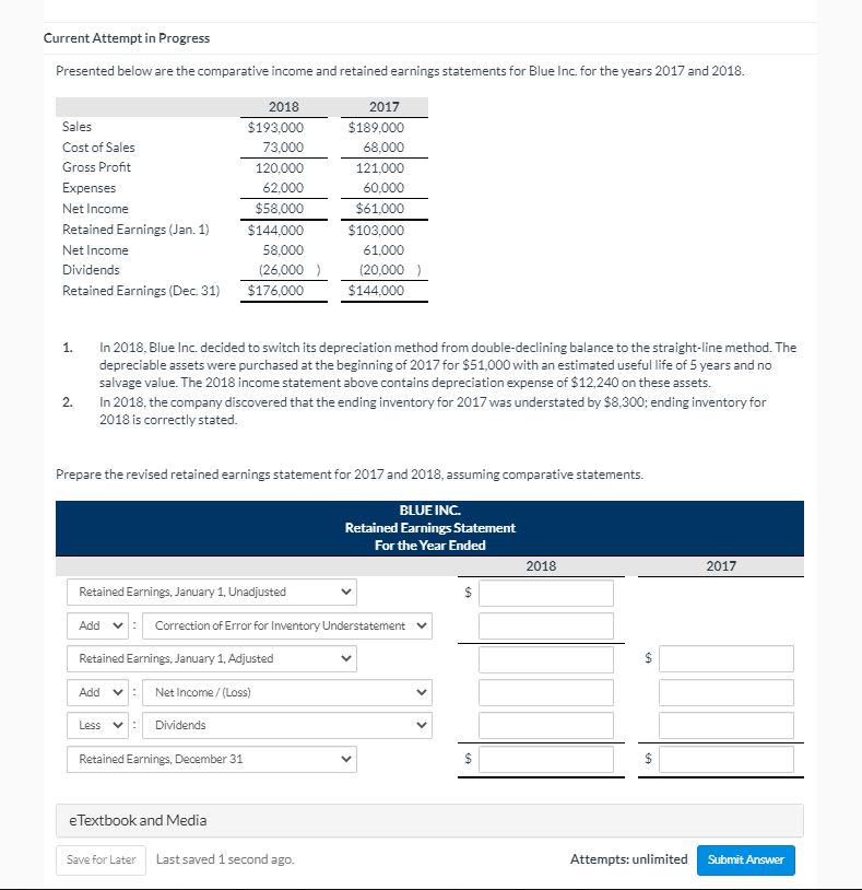 Current Attempt in Progress Presented below are the comparative income and retained