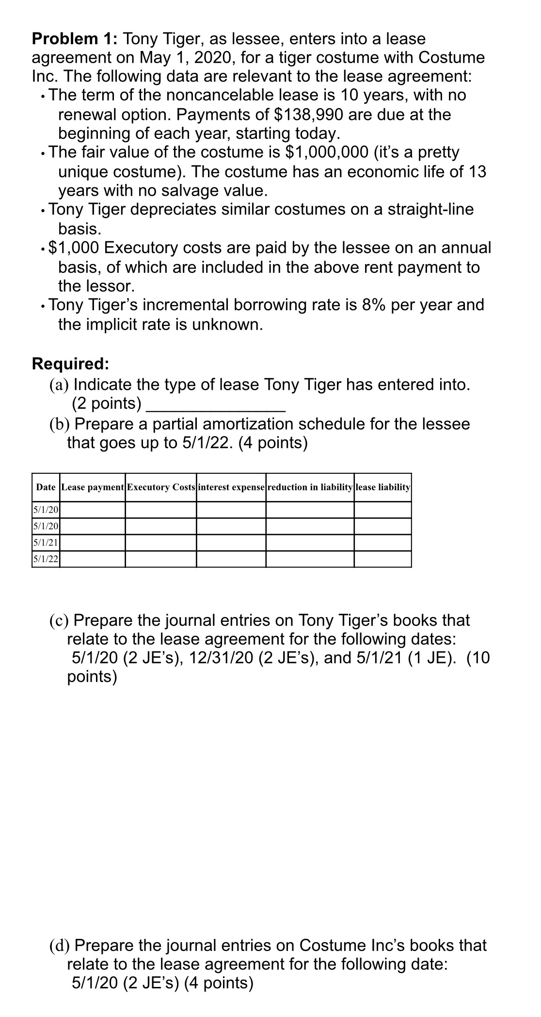 Please help! Show work please. Problem 1: Tony Tiger, as lessee, enters