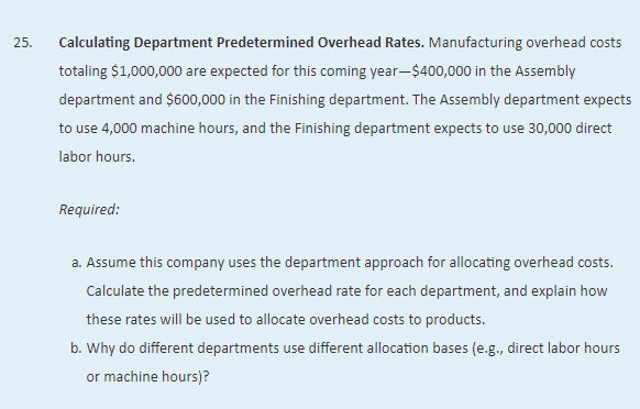 25. Calculating Department Predetermined Overhead Rates. Manufacturing overhead costs totaling are expected