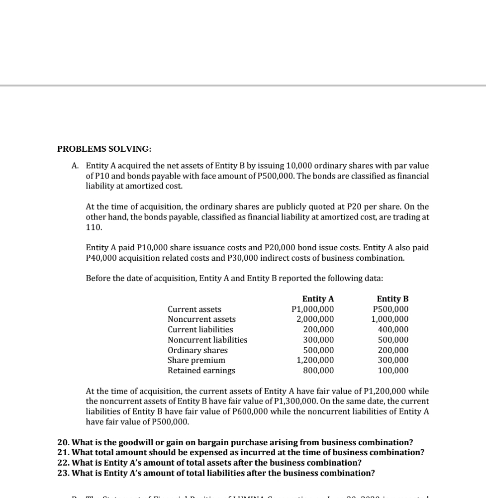 pls help me with this thankyouuu PROBLEMS SOLVING: A. Entity A acquired