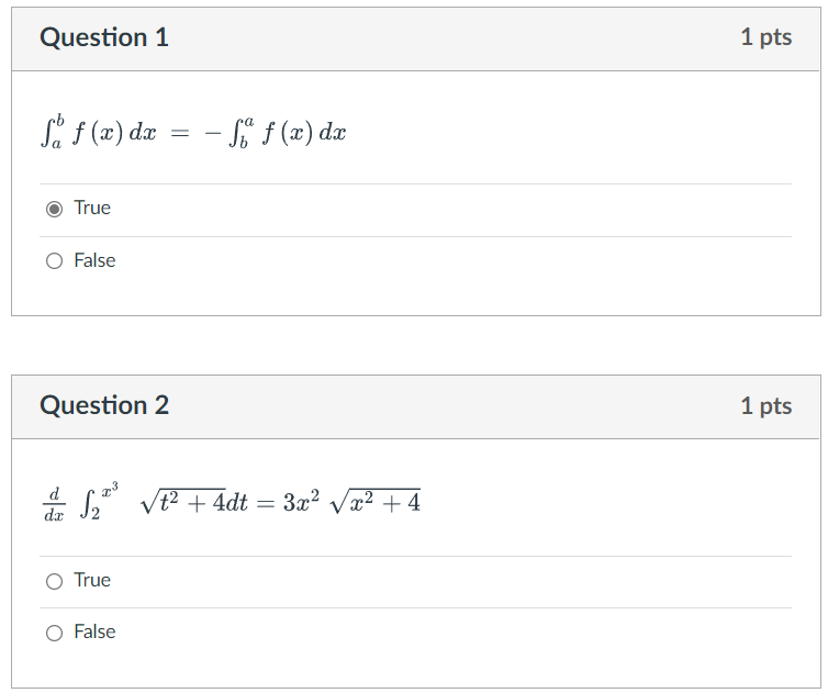 Question 1 fab f (x) dc @ True O False Question 2