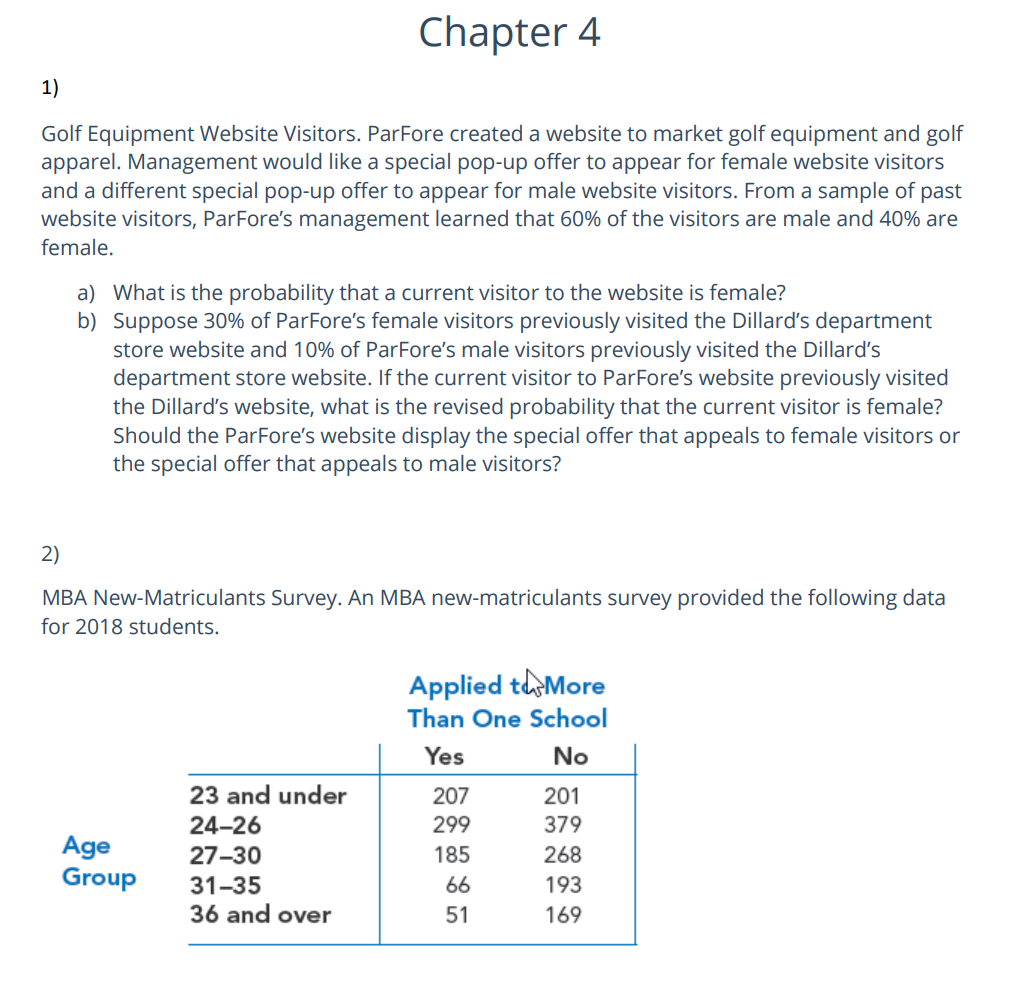  Chapter 4 1) Golf Equipment Website Visitors. ParFore created a website