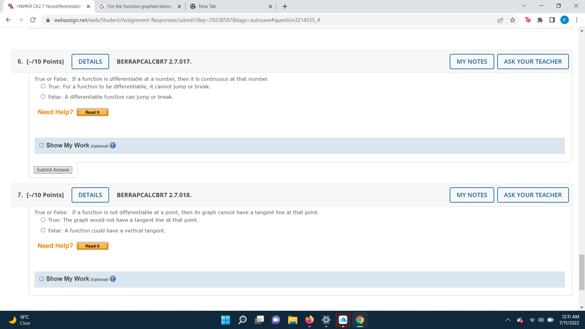 True or False: If a function is differentiable at a number, then