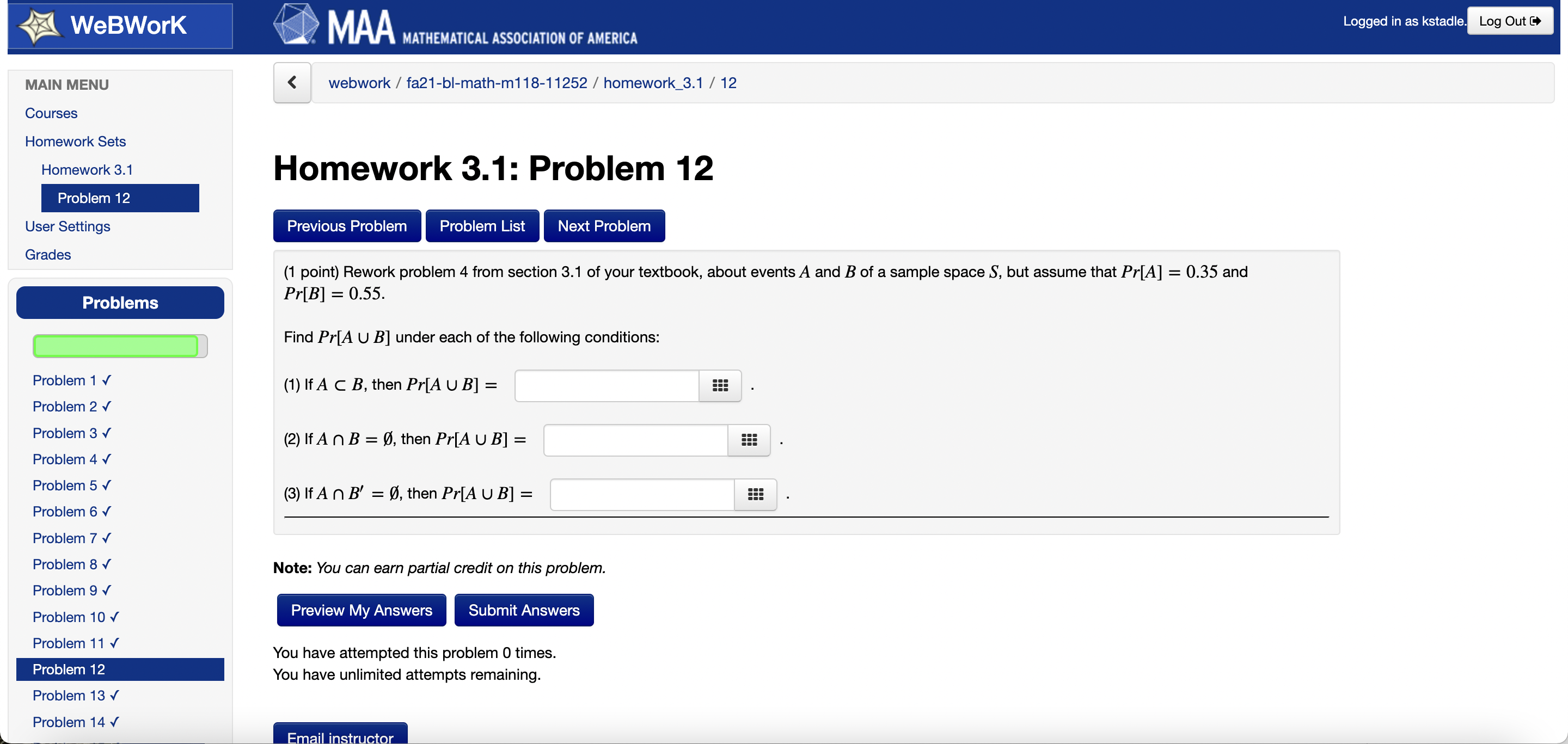 AMERICA MAIN MENU webwork / fa21-bl-math-m118-11252 / homework_3.1 / 12 Courses Homework
