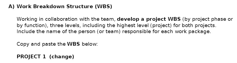  A) Work Breakdown Structure (WBS) Working in collaboration with the team;