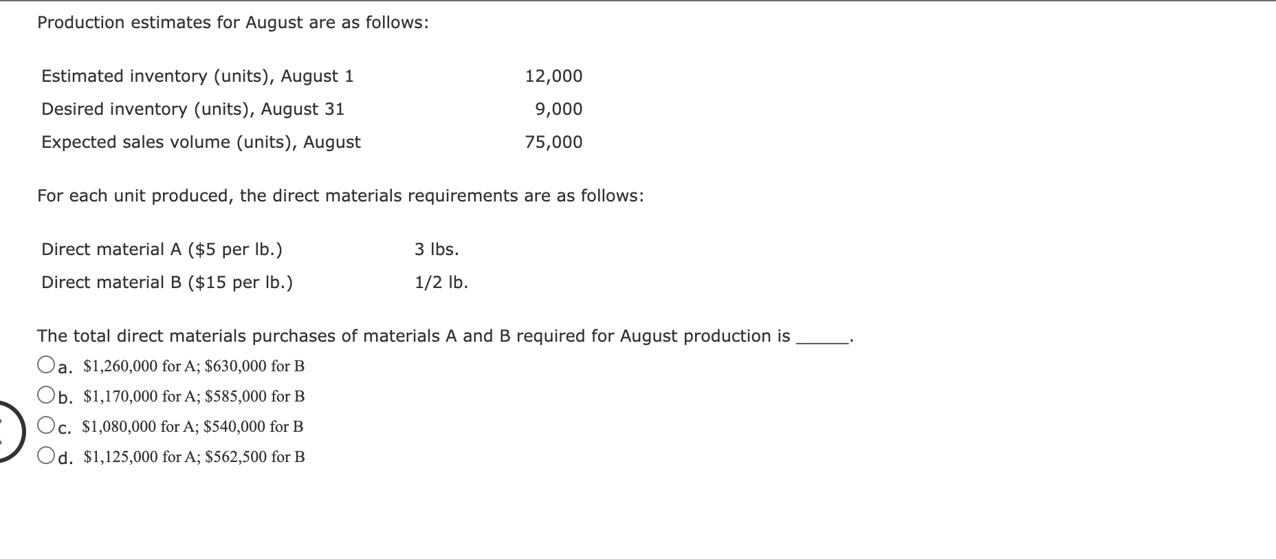 units of production includes $30,000 for direct material and $5,000 for electric