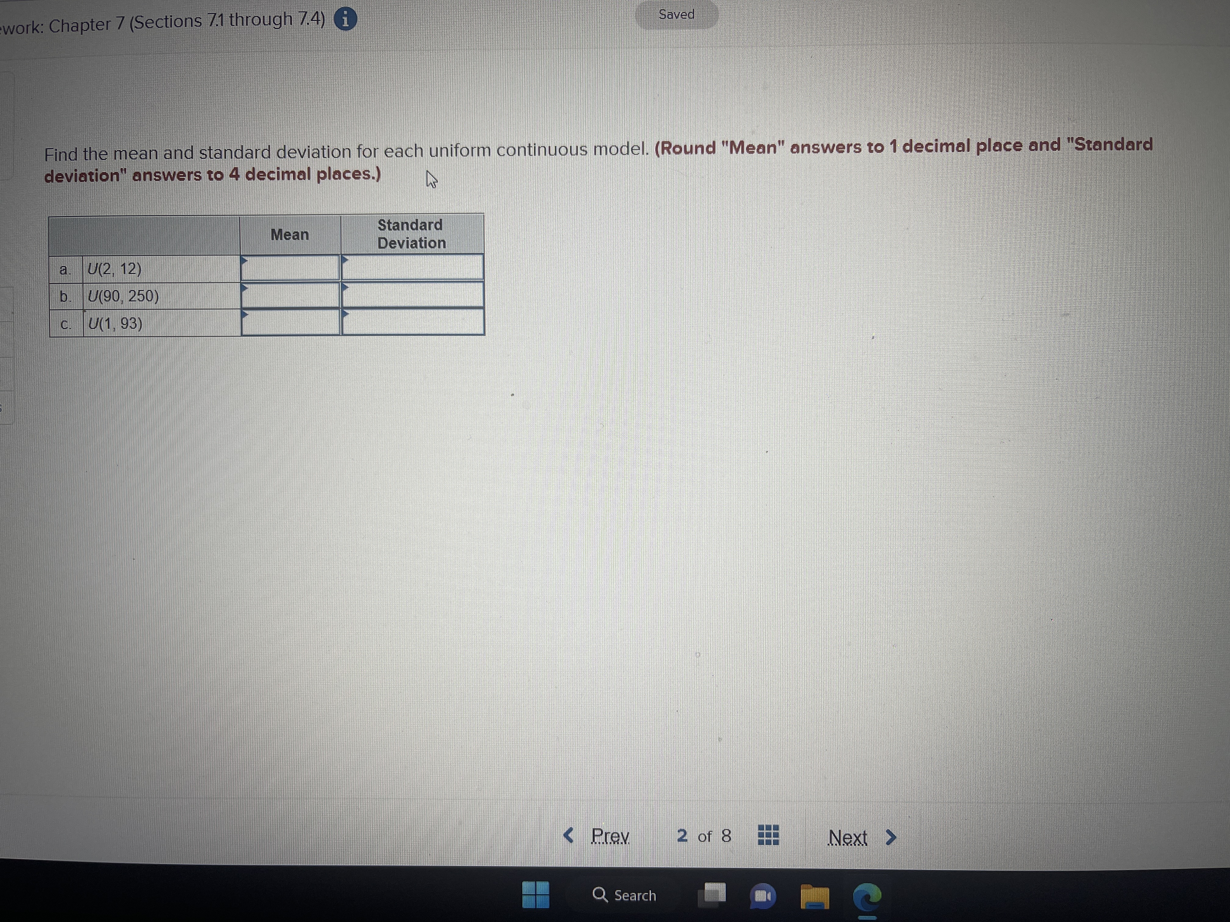 mean and standard deviation for each uniform continuous model. (Round "Mean" answers