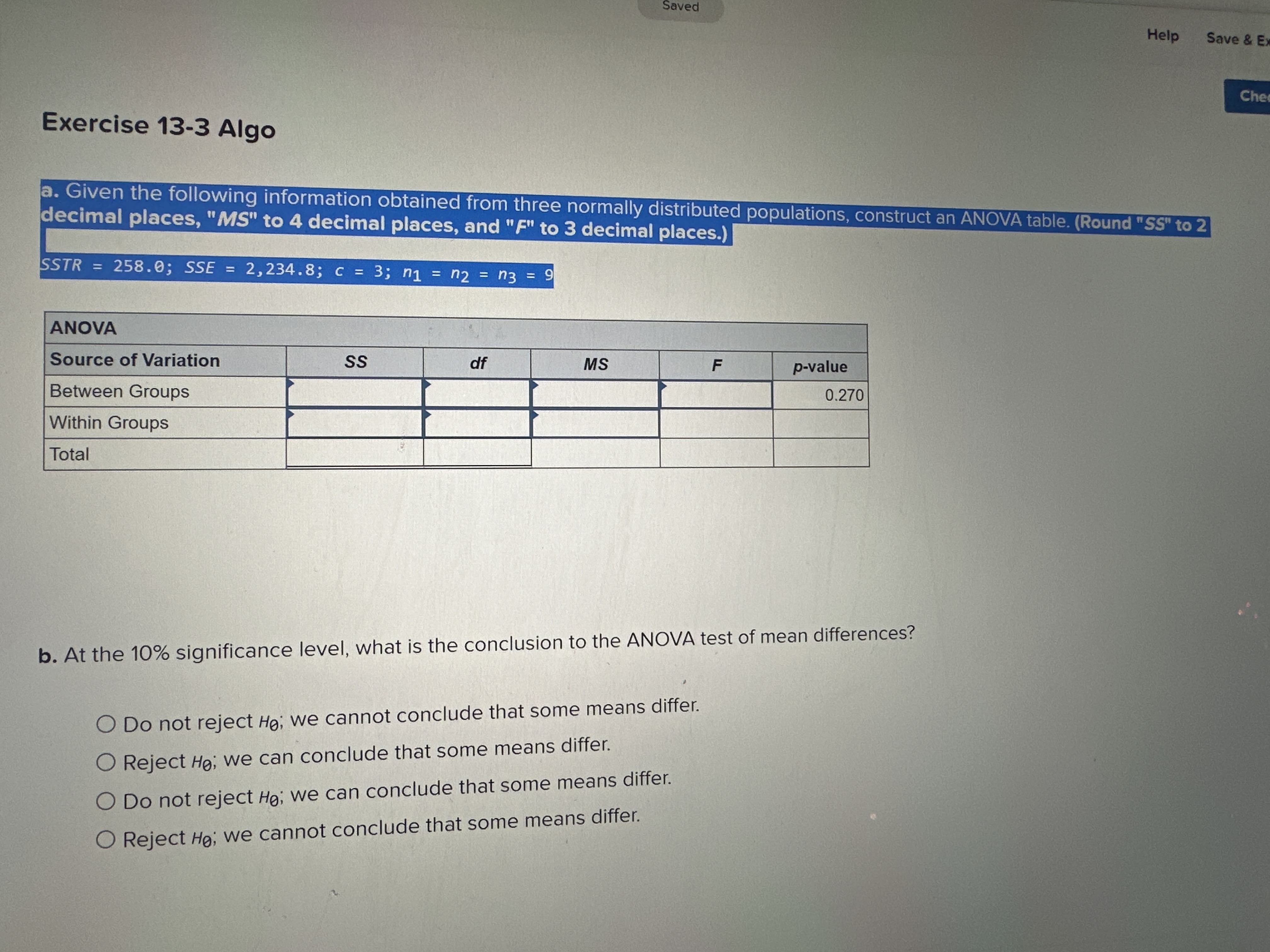  Saved Help Save & Ex Che Exercise 13-3 Algo a. Given