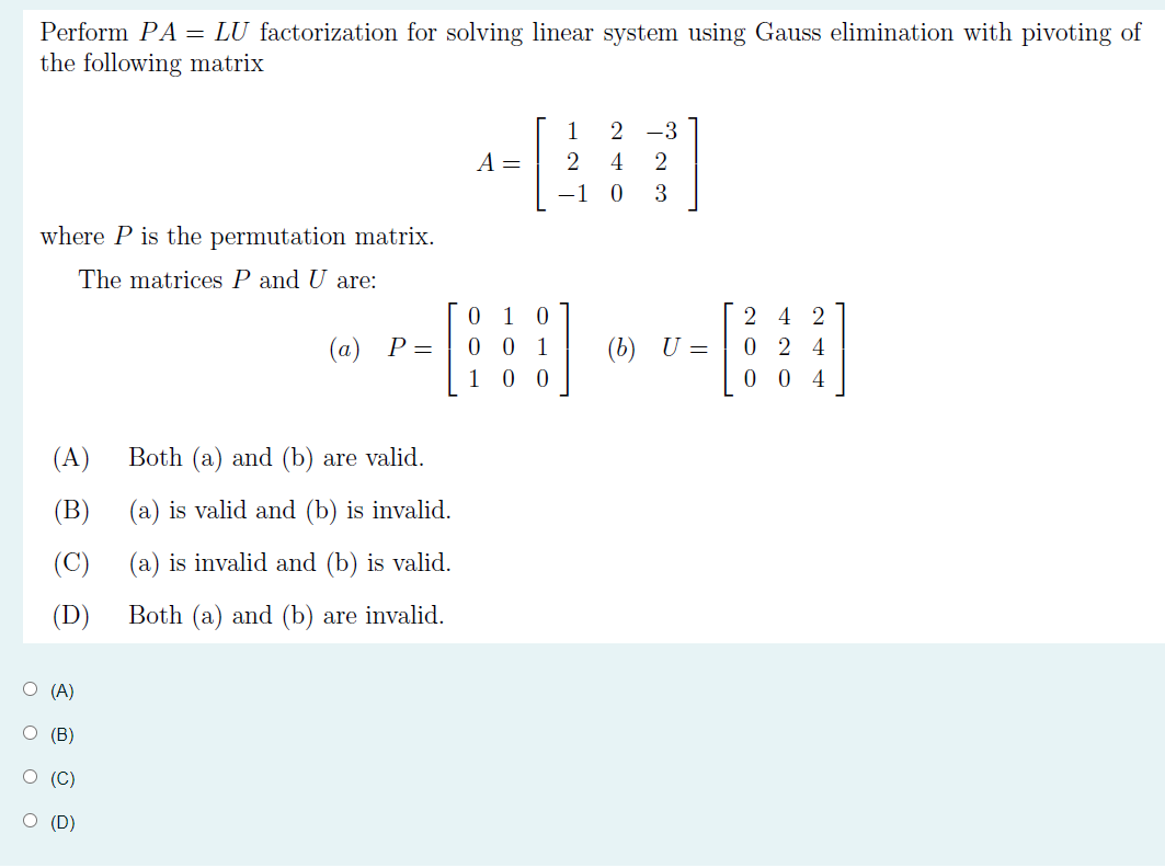 matrix. The matrices P and U are: 010 (a) P: 00 1