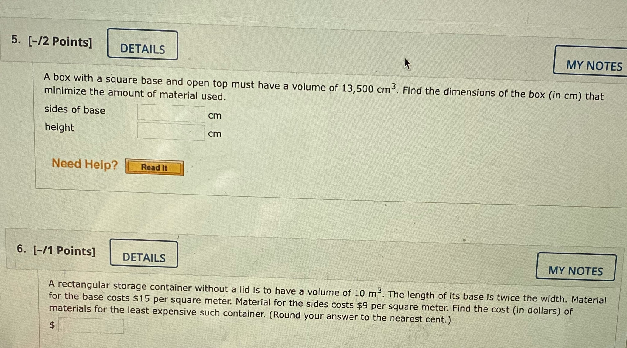  5. [-/2 Points] DETAILS MY NOTES A box with a square