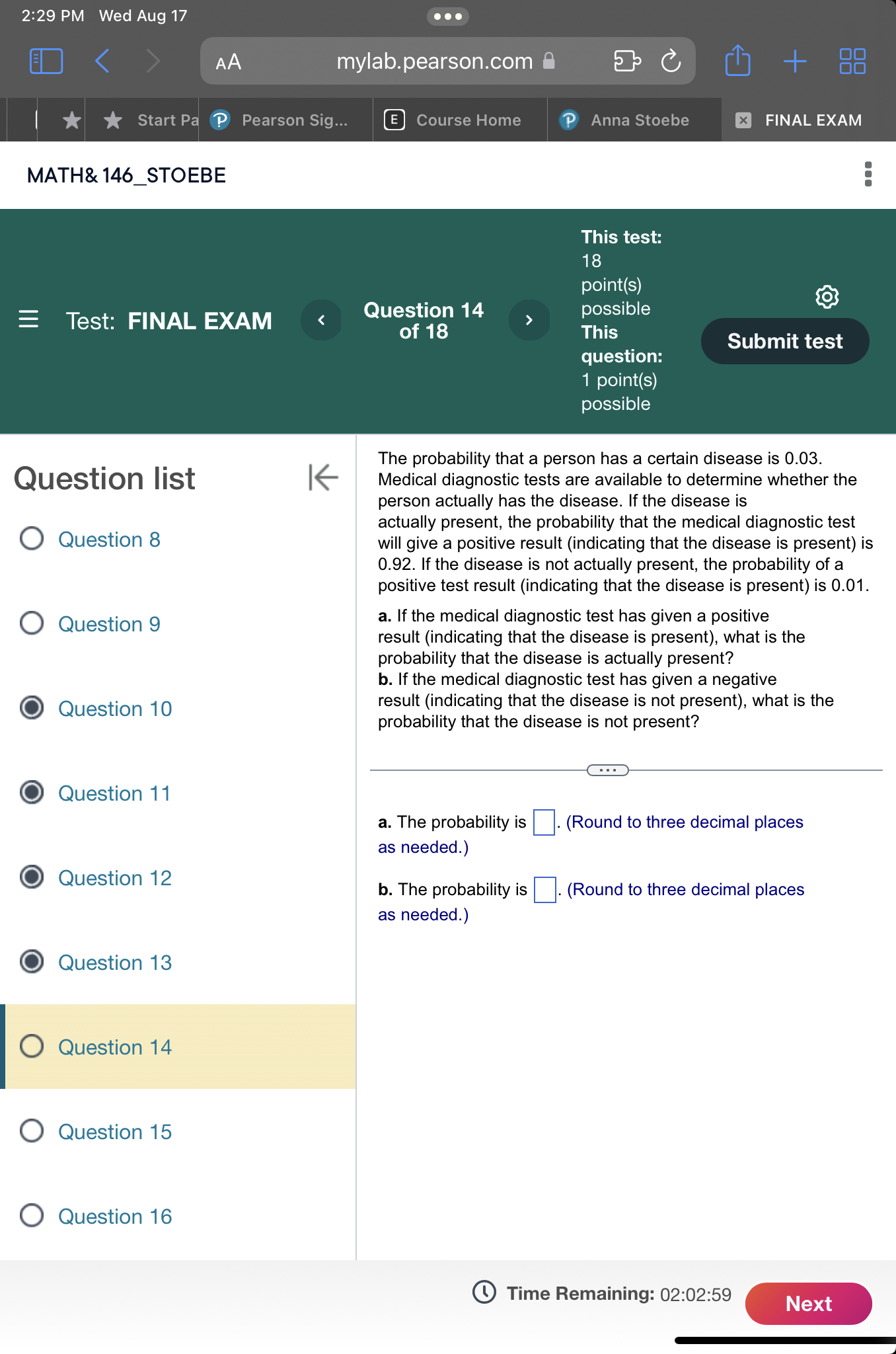 2129 PM Wed Aug 17 mylab.pearson.com Eb G ' FINAL EXAM