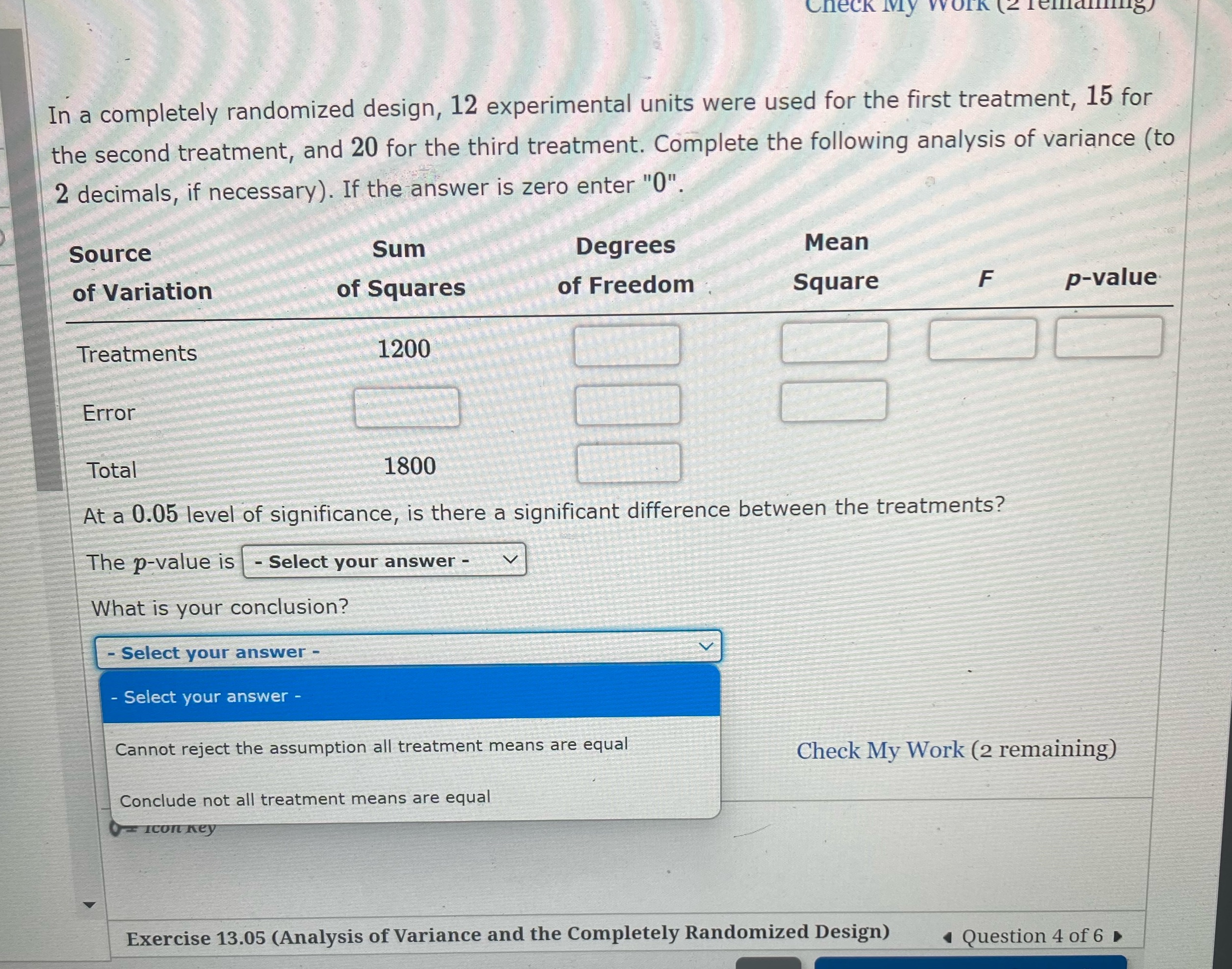  Check I In a completely randomized design, 12 experimental units were