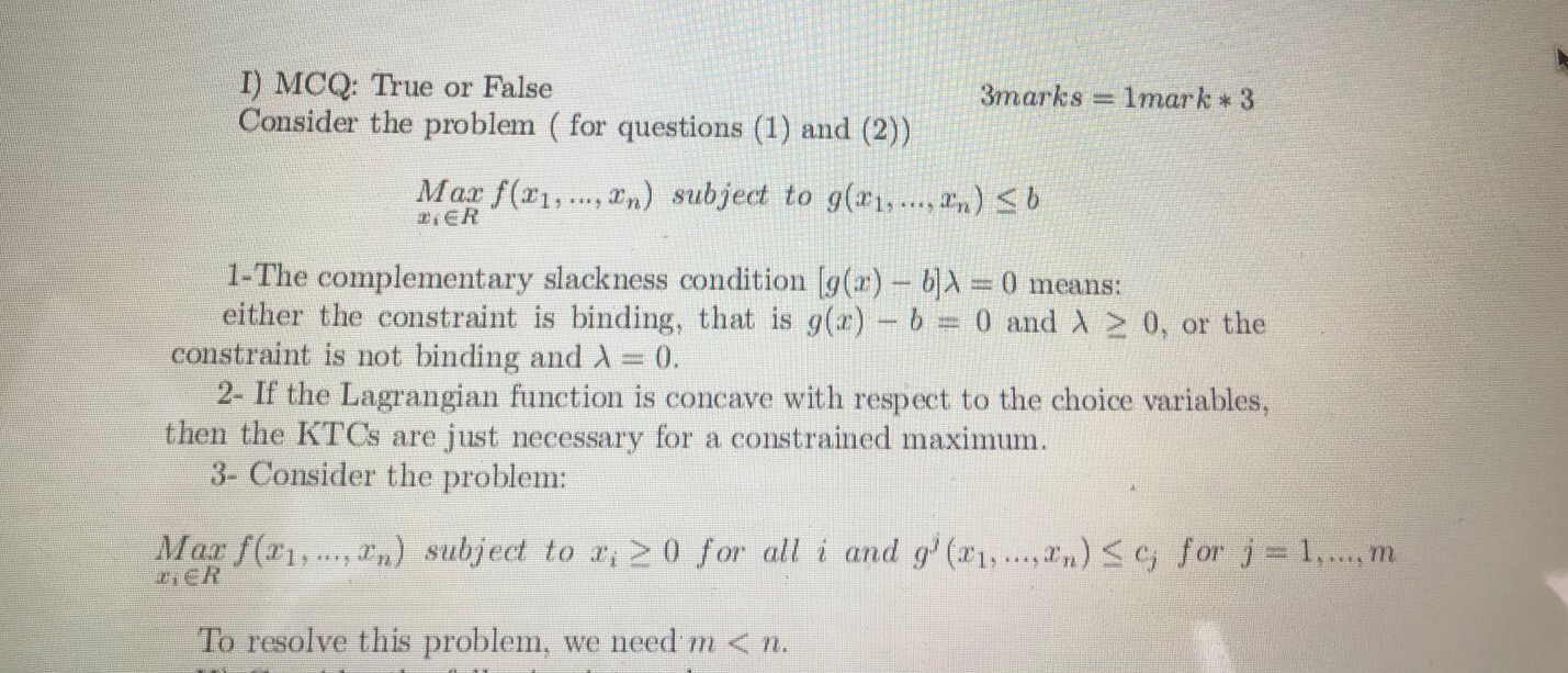  I) MCQ: True or False 3marks = 1mark * 3 Consider