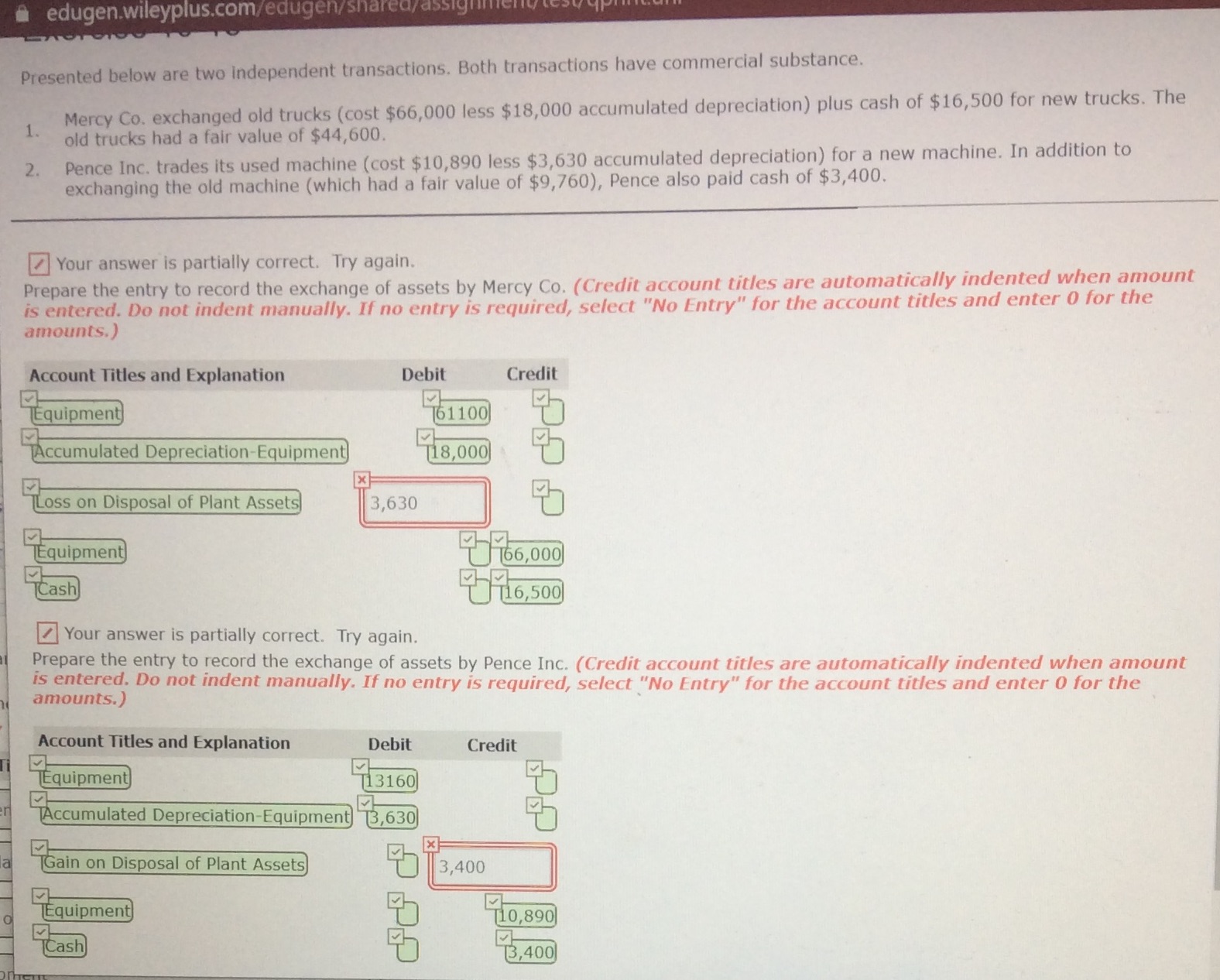 Need help with those 2 wrong parts. edugen.wileyplus.com/edugen/shared/assig Presented below are two