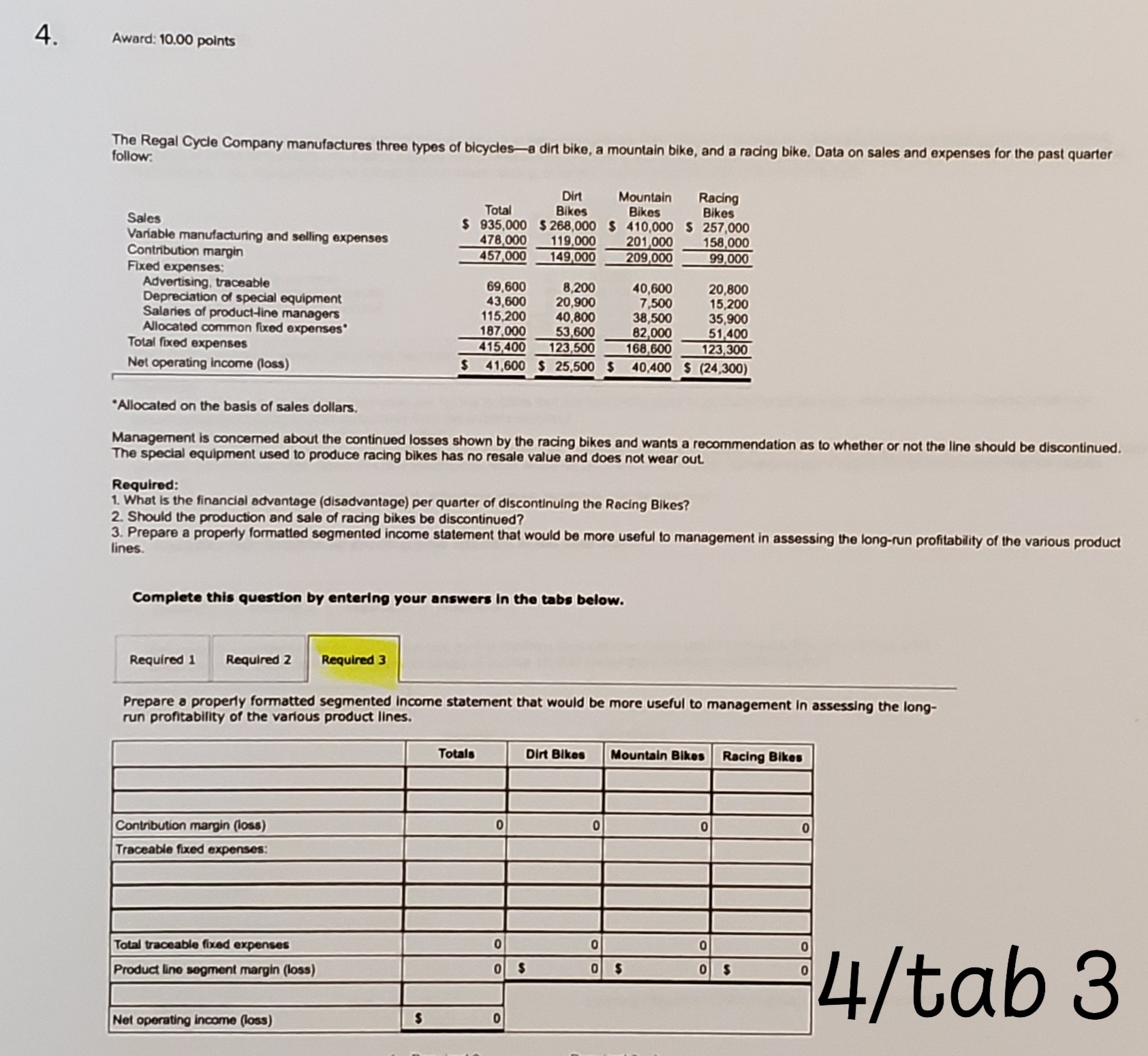 a mountain bike, and a racing bike. Data on sales and expenses