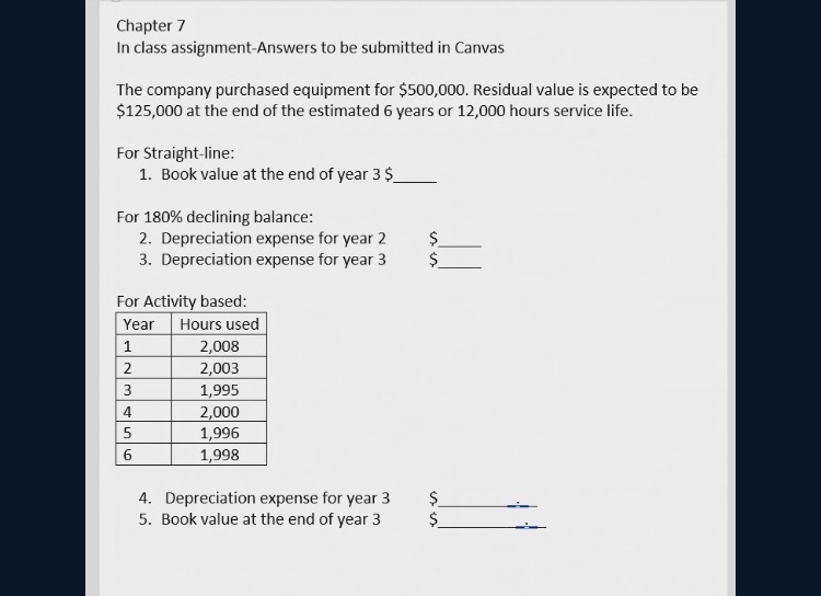 Need help with my accounting please:) Chapter 7 In class assignment-Answers to