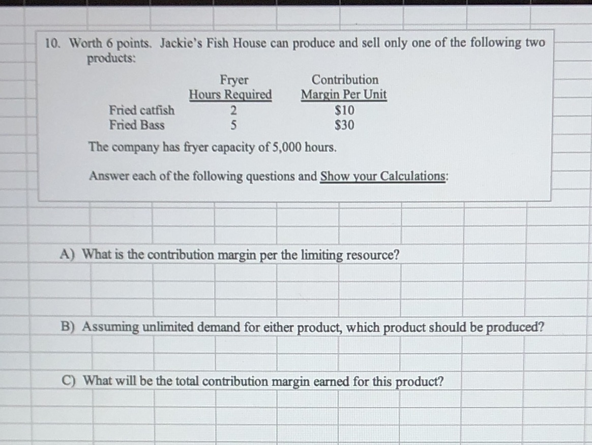 Please show work 10. Worth 6 points. Jackie's Fish House can produce