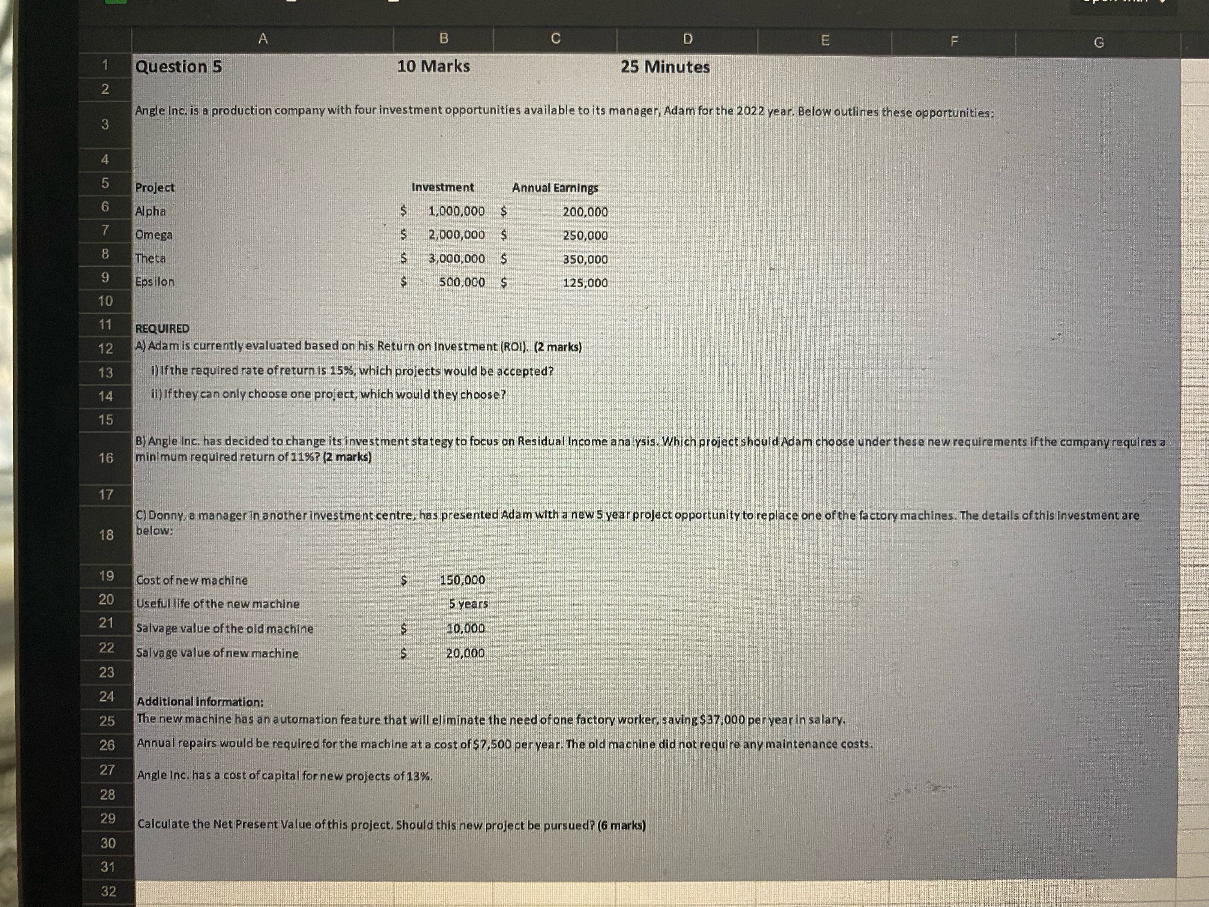 A B C D E G Question 5 10 Marks 25