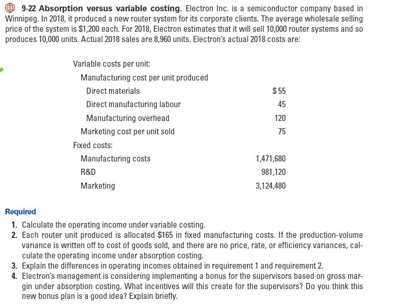9-22 Absorption versus variable costing. Electron Inc. is a semiconductor company