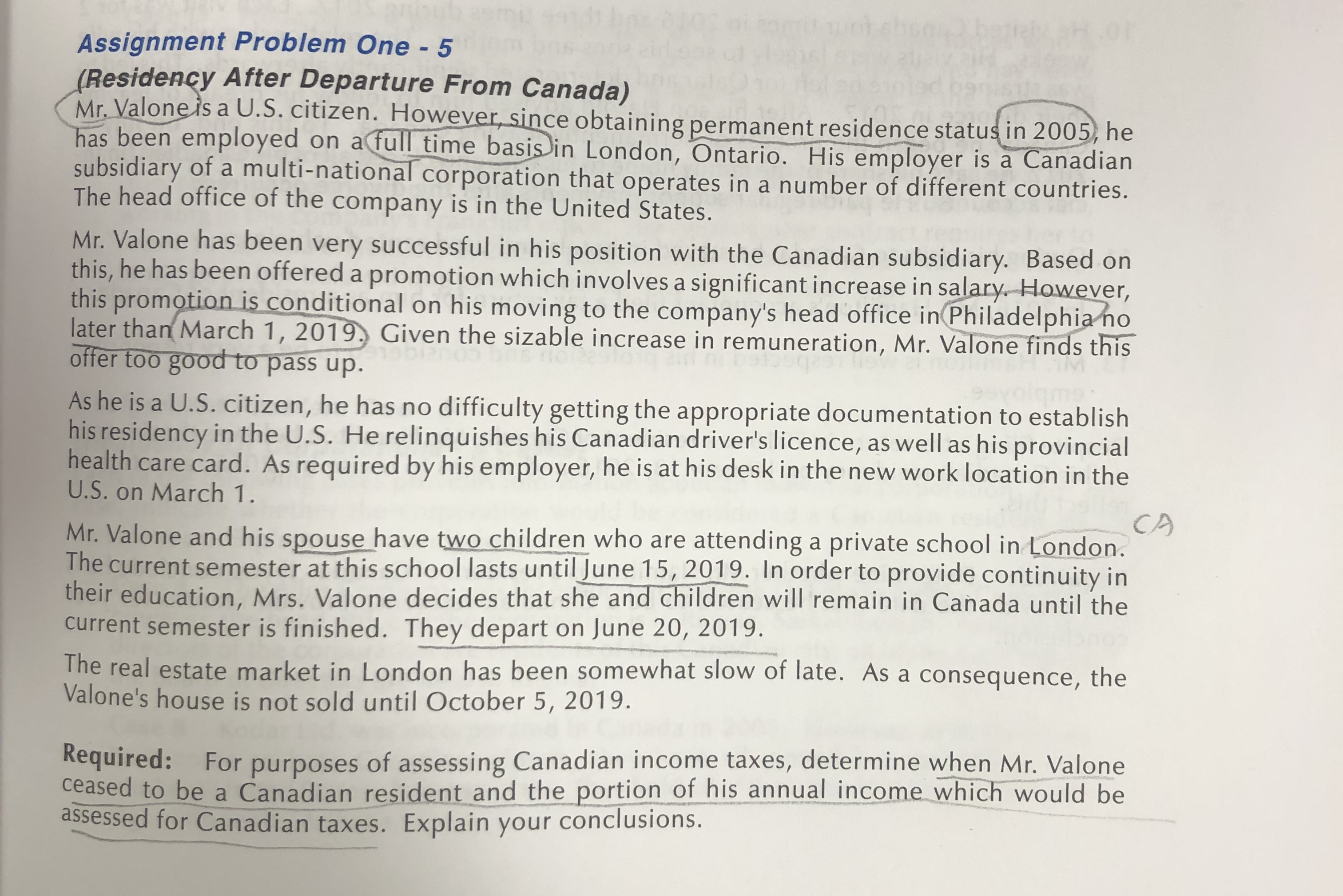 Residency After Departure From Canada Assignment Problem One - 5 (Residency After