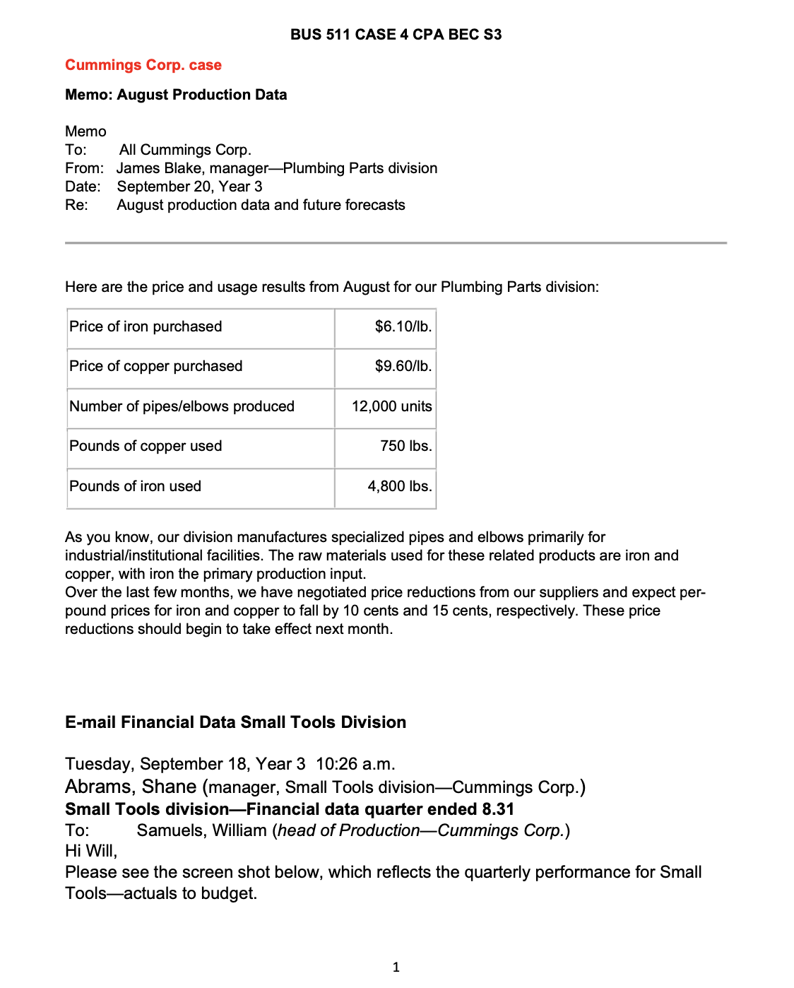 BUS 511 CASE 4 CPA BEC S3 Cummings Corp. case Memo: