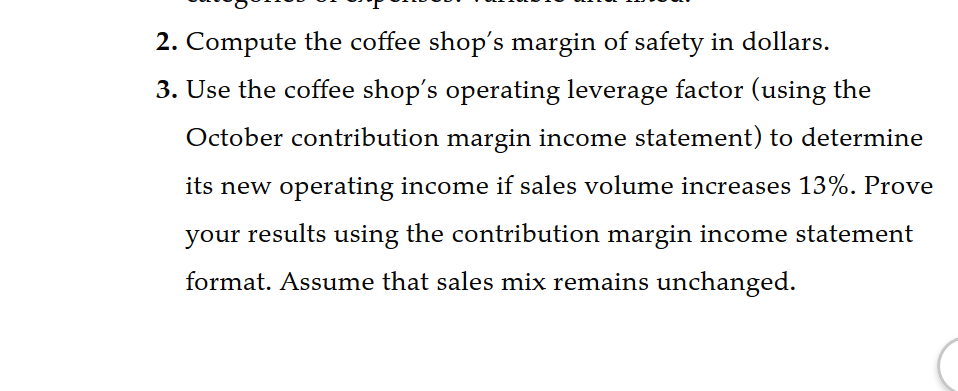 income statement of Morgantown Coffee for October follows: A B C Morgantown